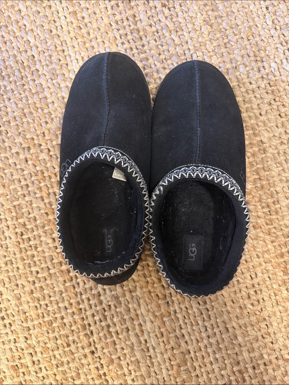 UGG Black Suede Slip-On Clog Slippers with Contrast Stitching